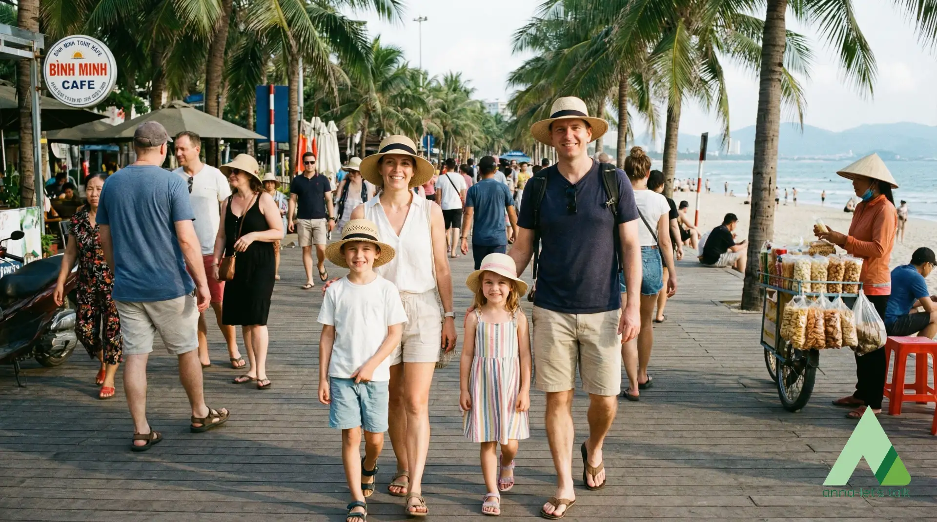 People walking on the Nha Trang beach promenade where visitors and locals mix languages