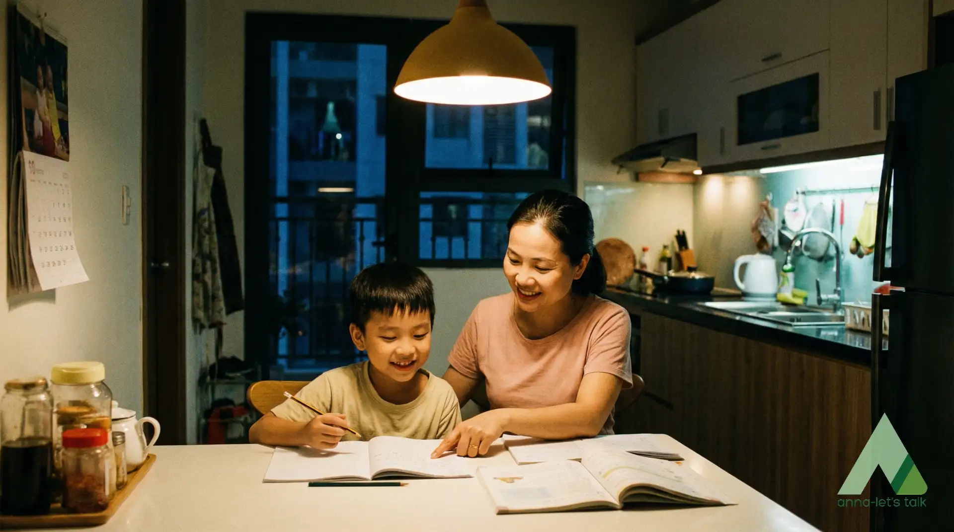 Vietnamese parent helping child practice English speaking at home