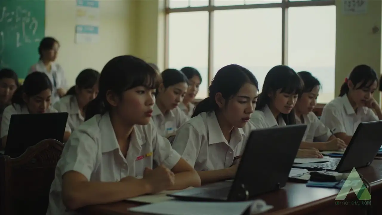 Students working on a group project in an international-style classroom in Vietnam