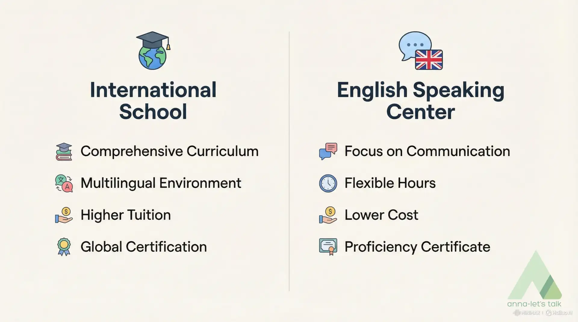 Comparison of international school and English speaking center for kids