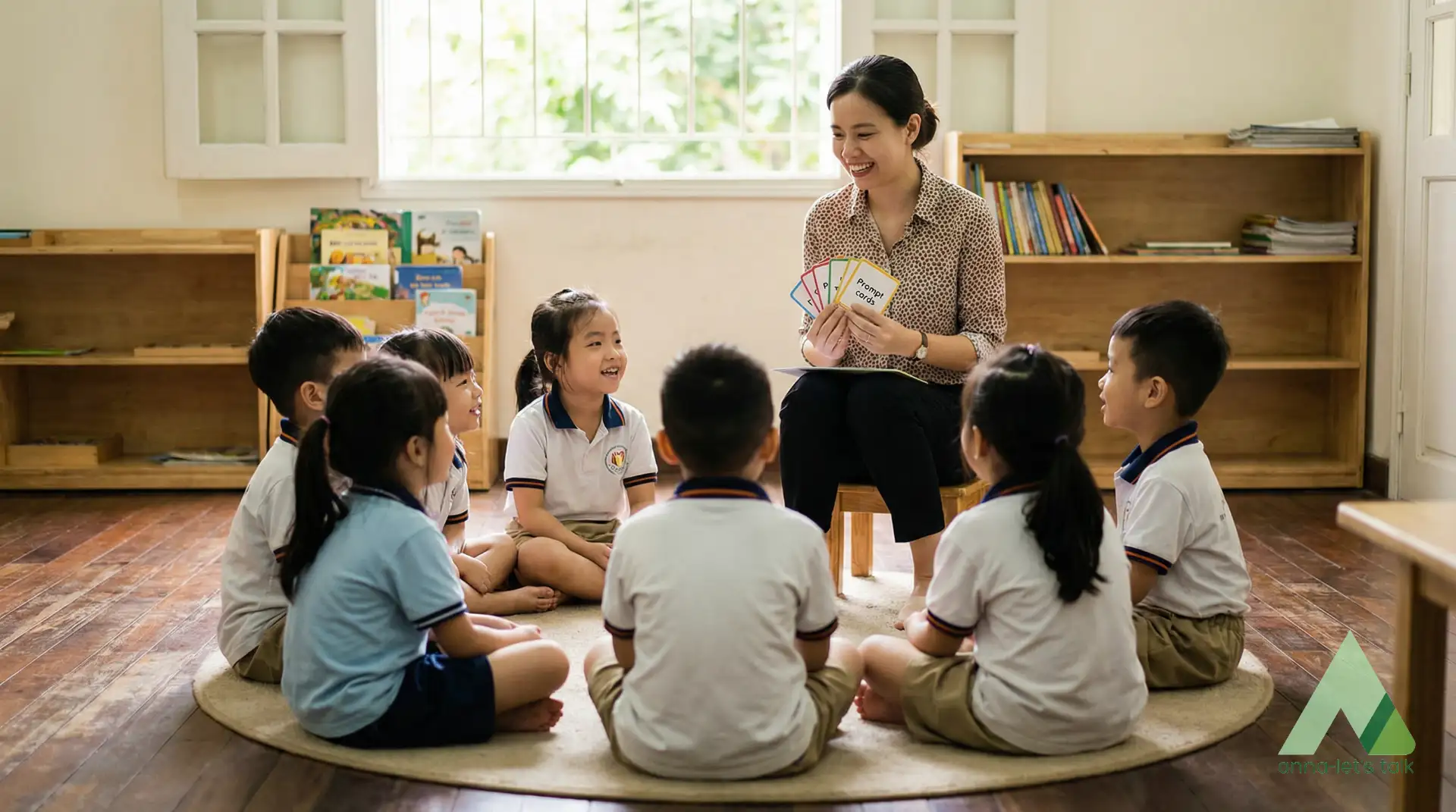Children practicing speaking confidence in a supportive mixed-language class setting in Nha Trang