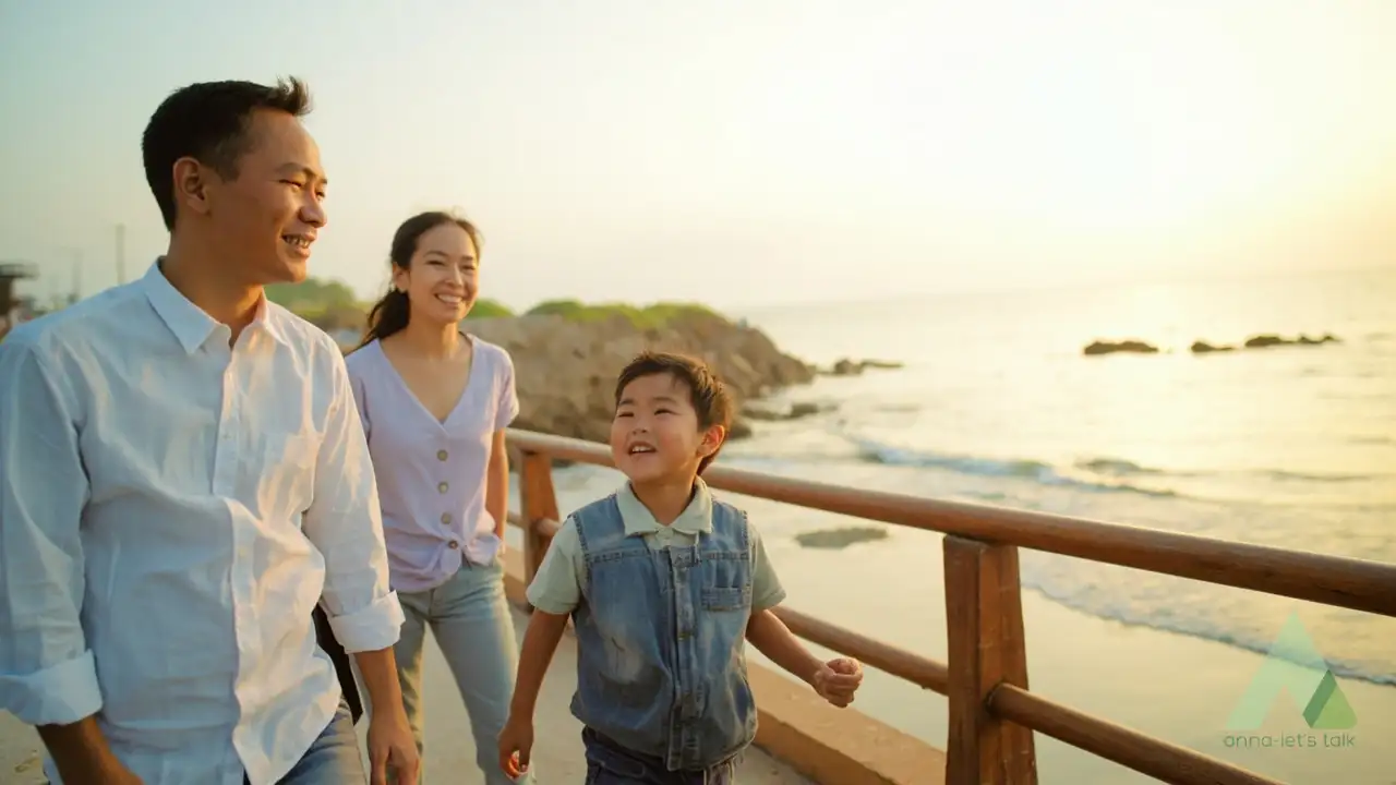 Parent and child doing a short English conversation walk in Nha Trang