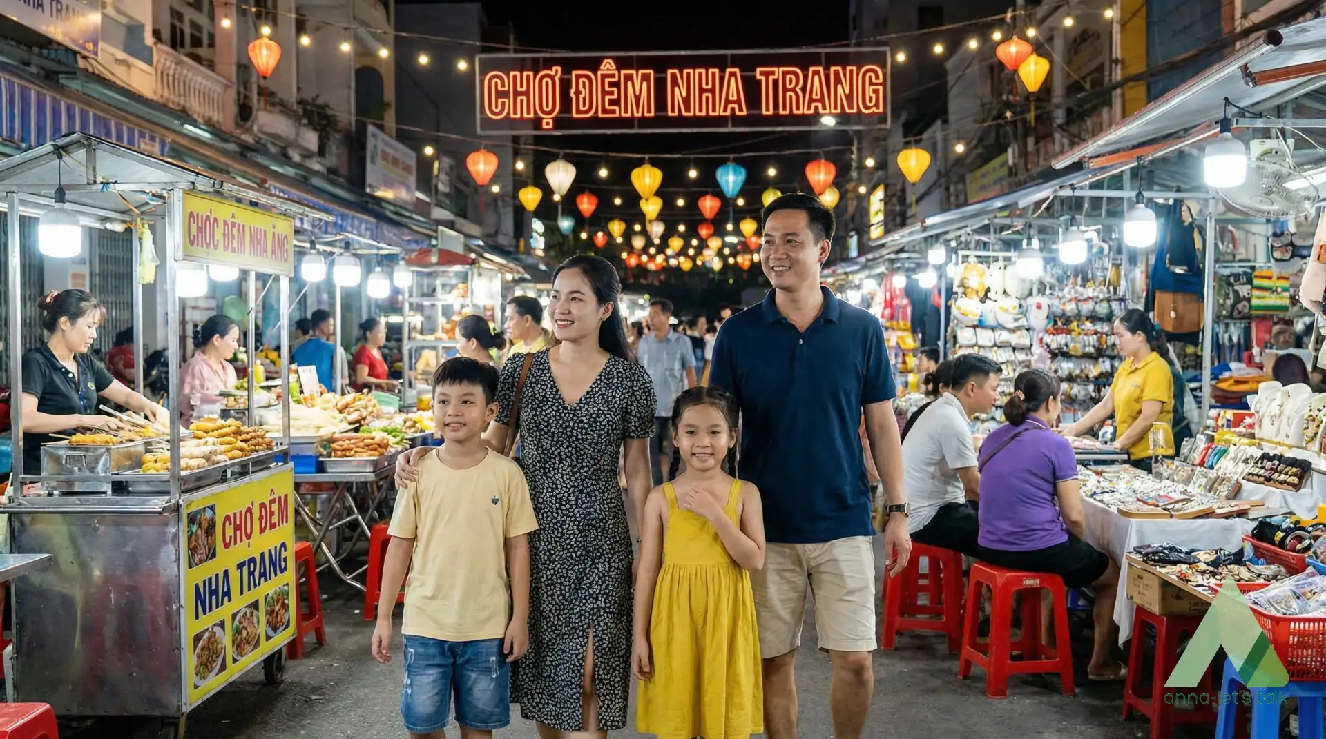 Family walking at Nha Trang Night Market, looking for small English speaking moments