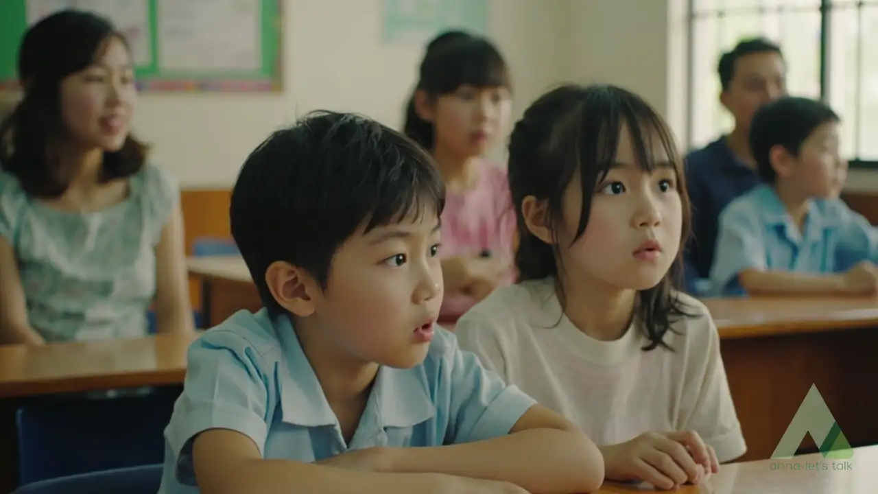 Teacher coaching a child on English pronunciation and rhythm