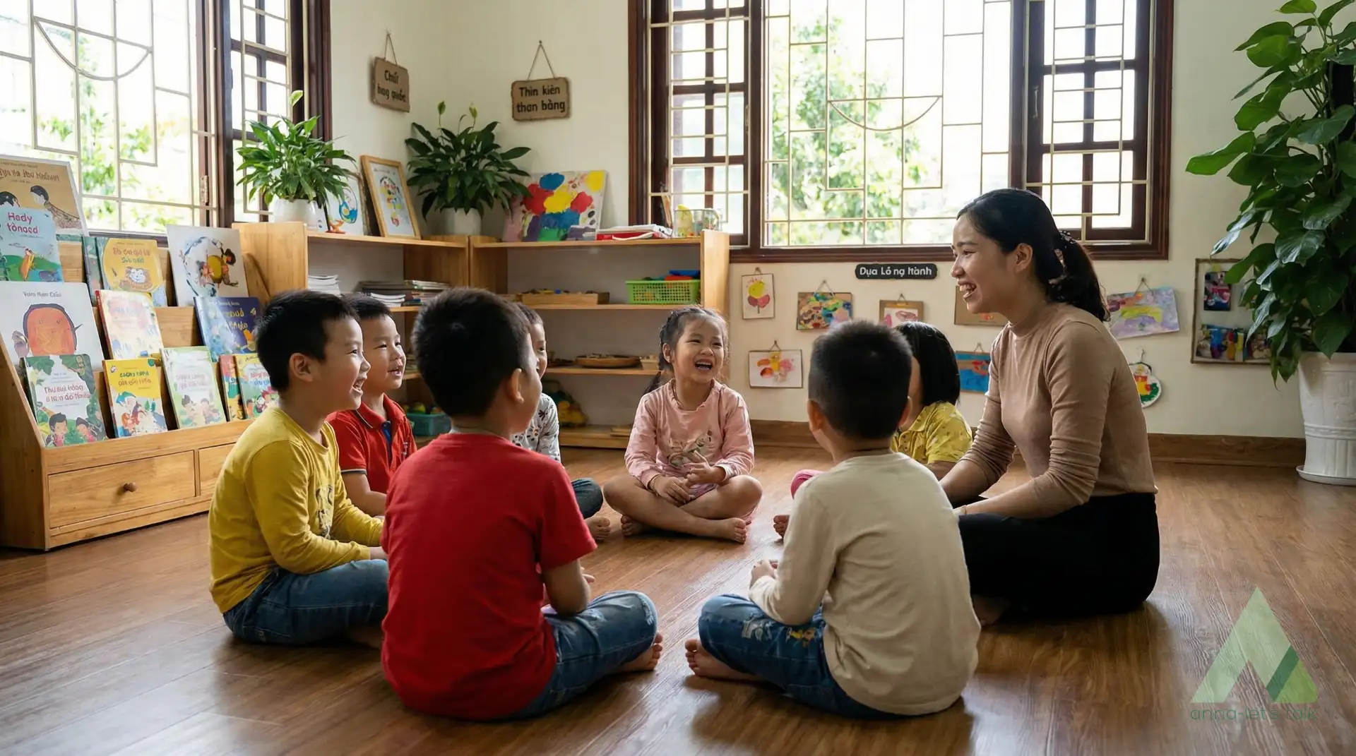 Children practicing English conversation in a small group circle