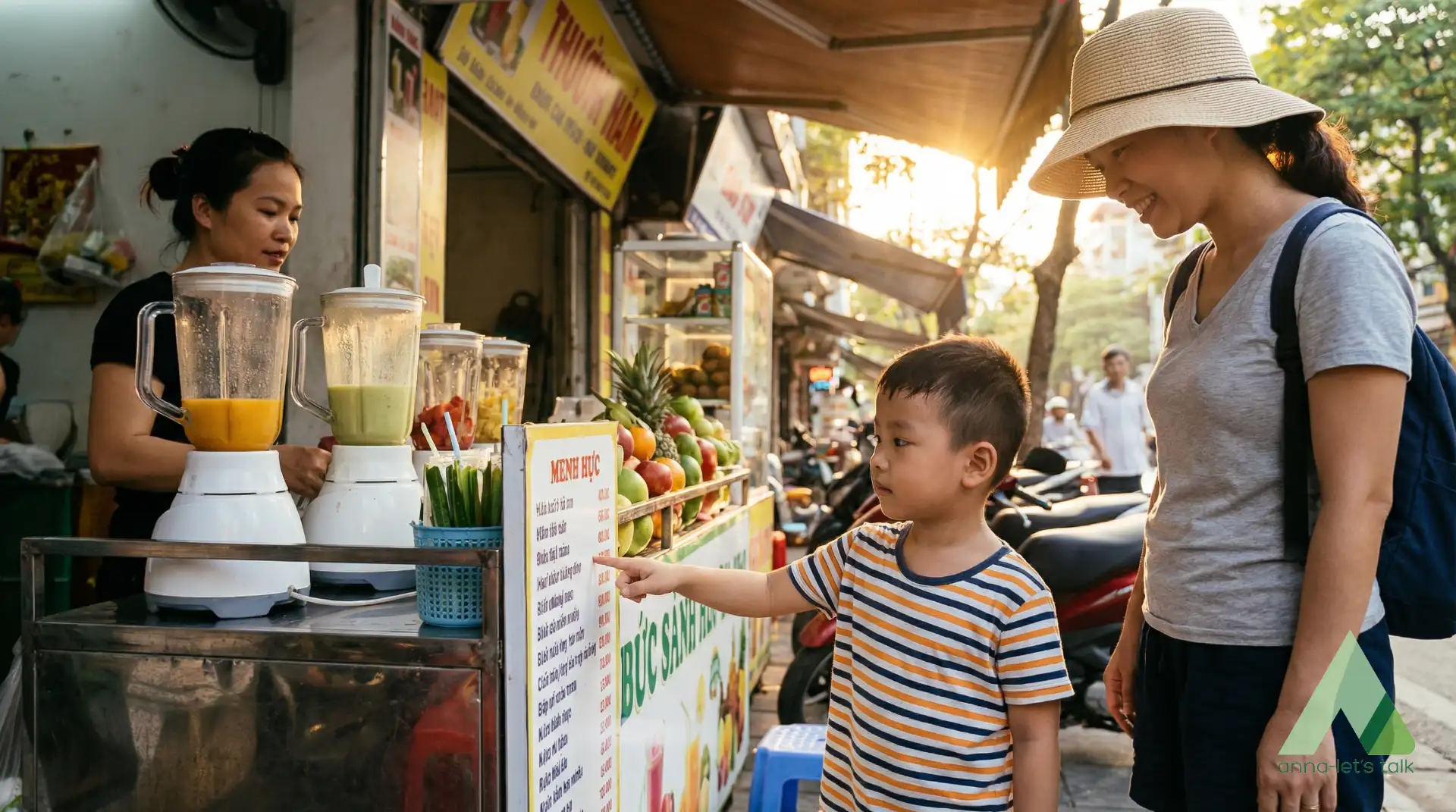Child saying “Can I have coconut water, please?” during English conversation practice in Nha Trang