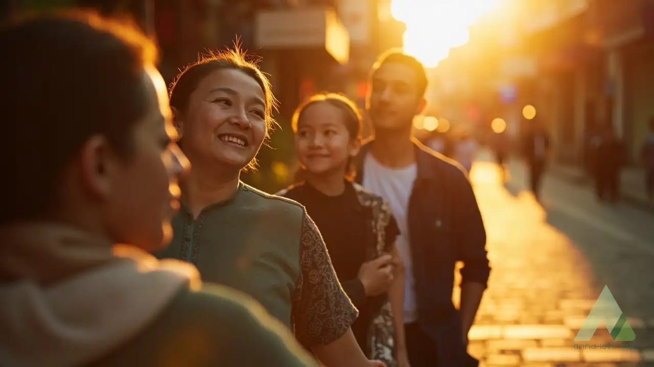 Parents and kids heading home near Trần Phú beach in Nha Trang at sunset