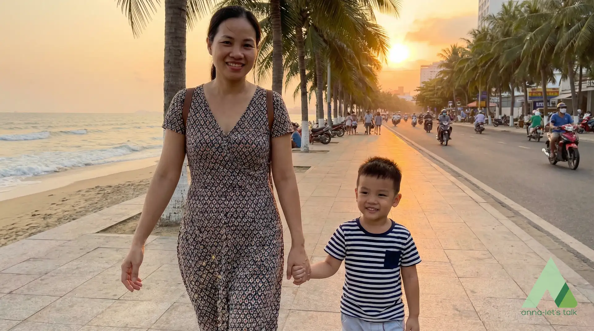Beach walk on Trần Phú in Nha Trang as a daily English speaking routine for kids
