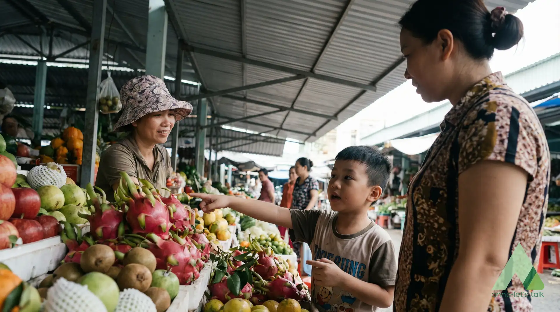 Child asking “How much is this?” at Xóm Mới Market for real-life English practice